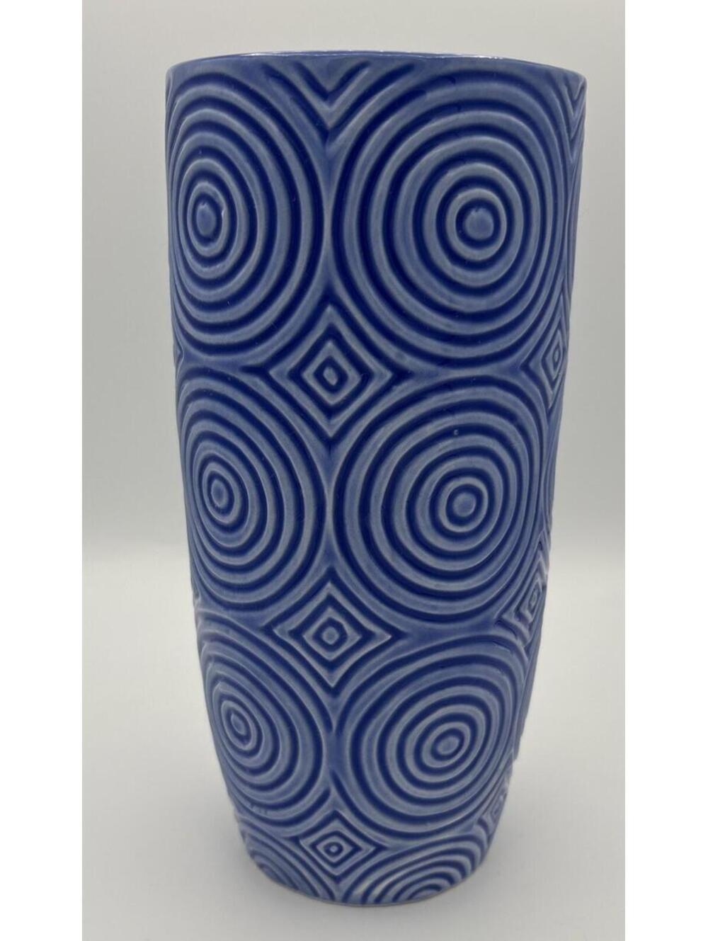 FTD Blue Vase, Ceramic Geometric Circle Design 8.75"T x 4.25"W